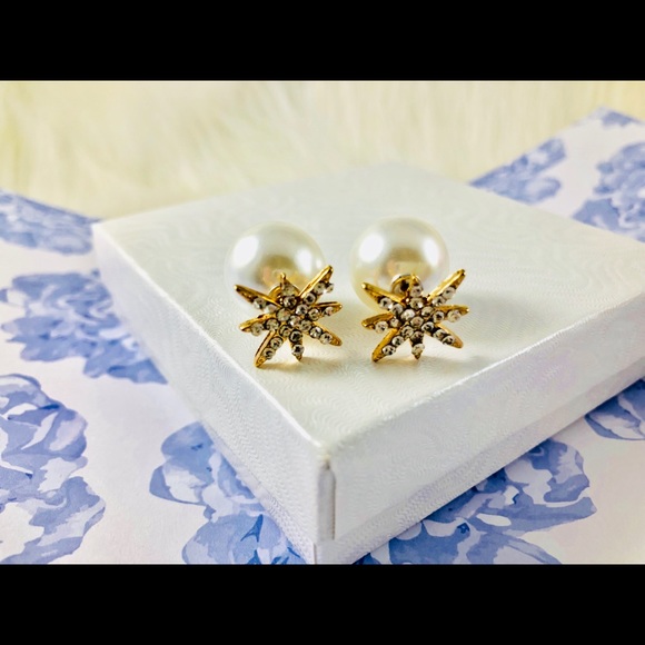 Double sided crystal pearl earrings stud dressy - Picture 2 of 8